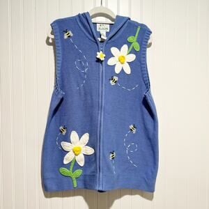 Quacker Factory Blue Daisy Bumblebee Zip Cardigan Sweater Vest Hooded Size Large